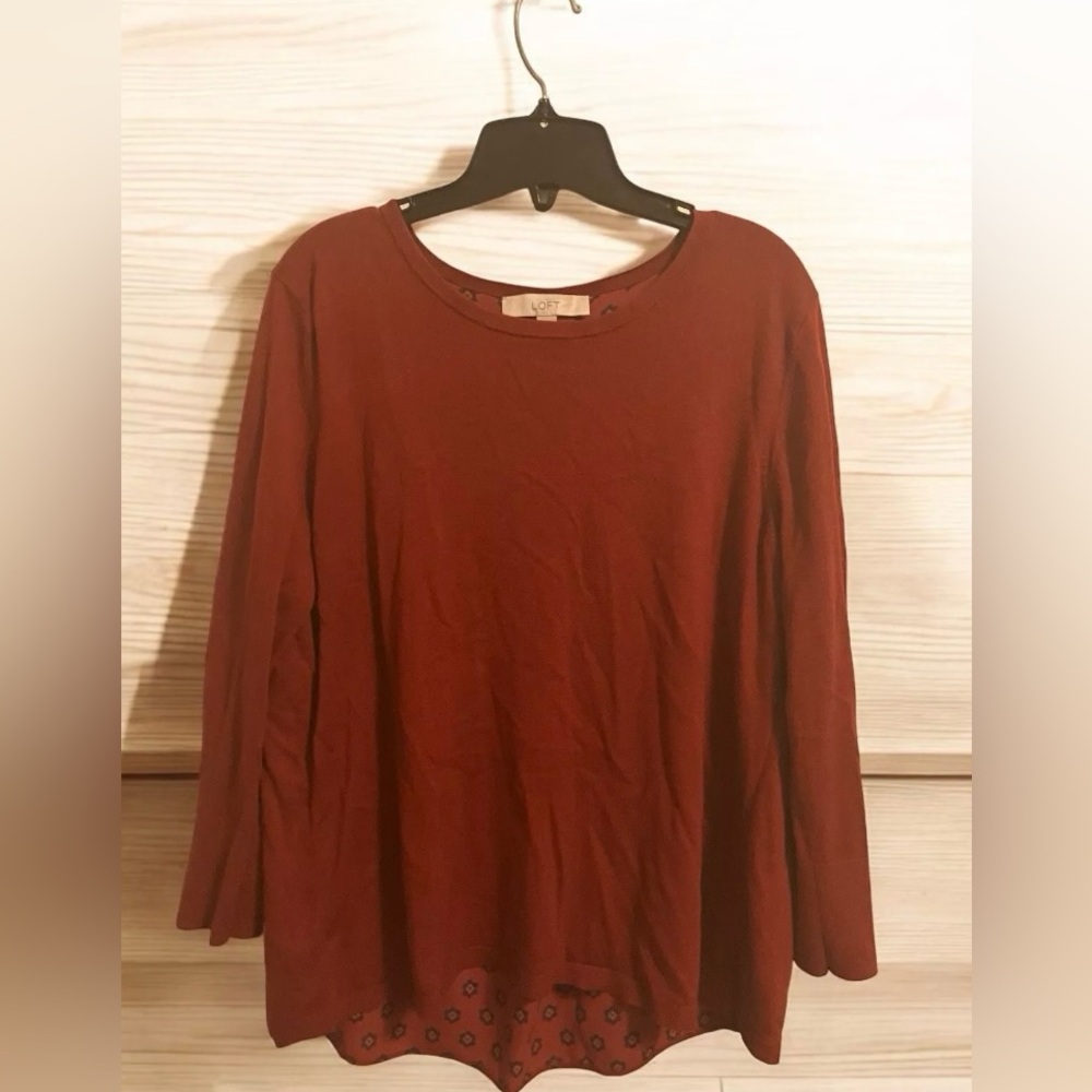 LOFT Mixed Media Long Sleeve Blouse Sz L Brick Red Knit Front Rayon Cotton Silk